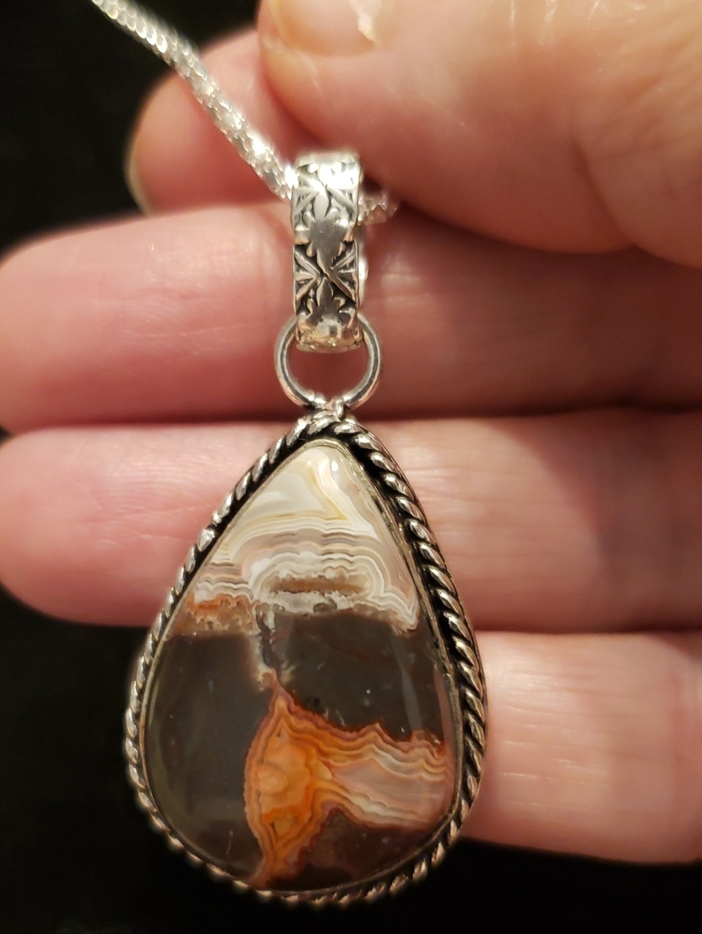 NEW Sterling Silv. Stamped Laguna Agate Polished Gemstone Teardrop Pendant Neckl